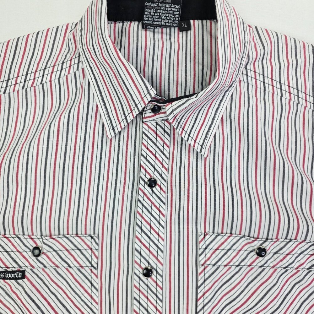 Not Of This World XL Mens White Black Red Snap Embroidered Cross Neck Logo Shirt